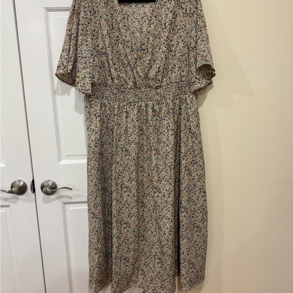 Tan Midi Sundress with Flutter Sleeves and V-neck - Picture 1 of 2